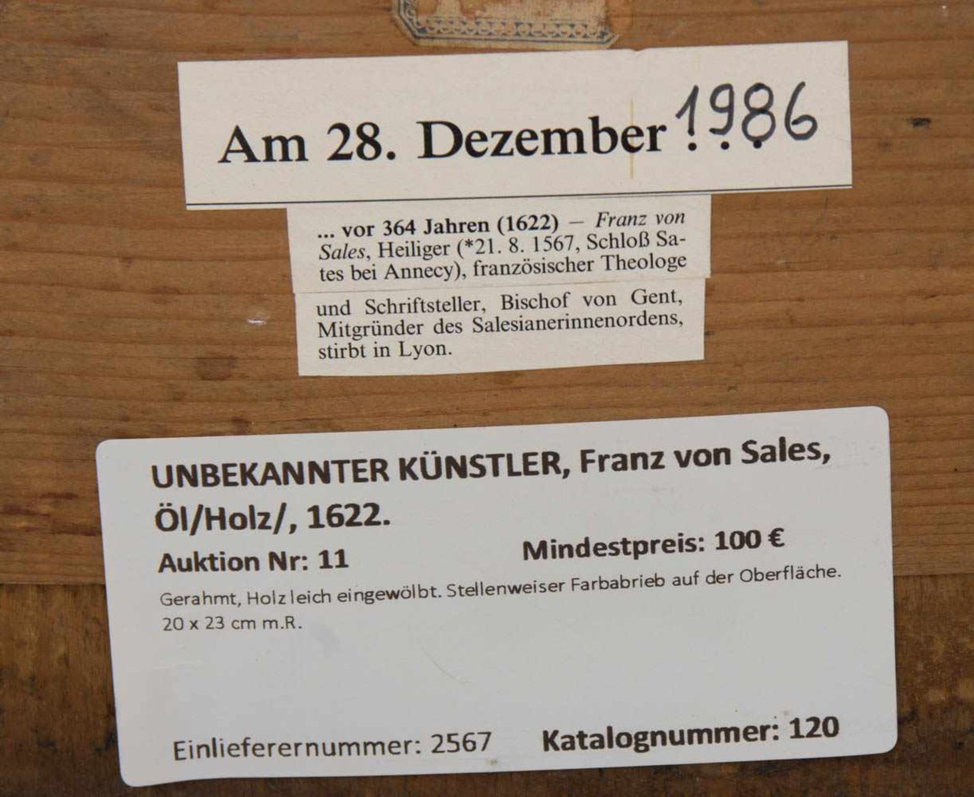 UNBEKANNTER KÜNSTLER, FRANZ VON SALES, Öl/Holz, 1622.Gerahmt, Holz leicht eingewölbt. - Bild 3 aus 3