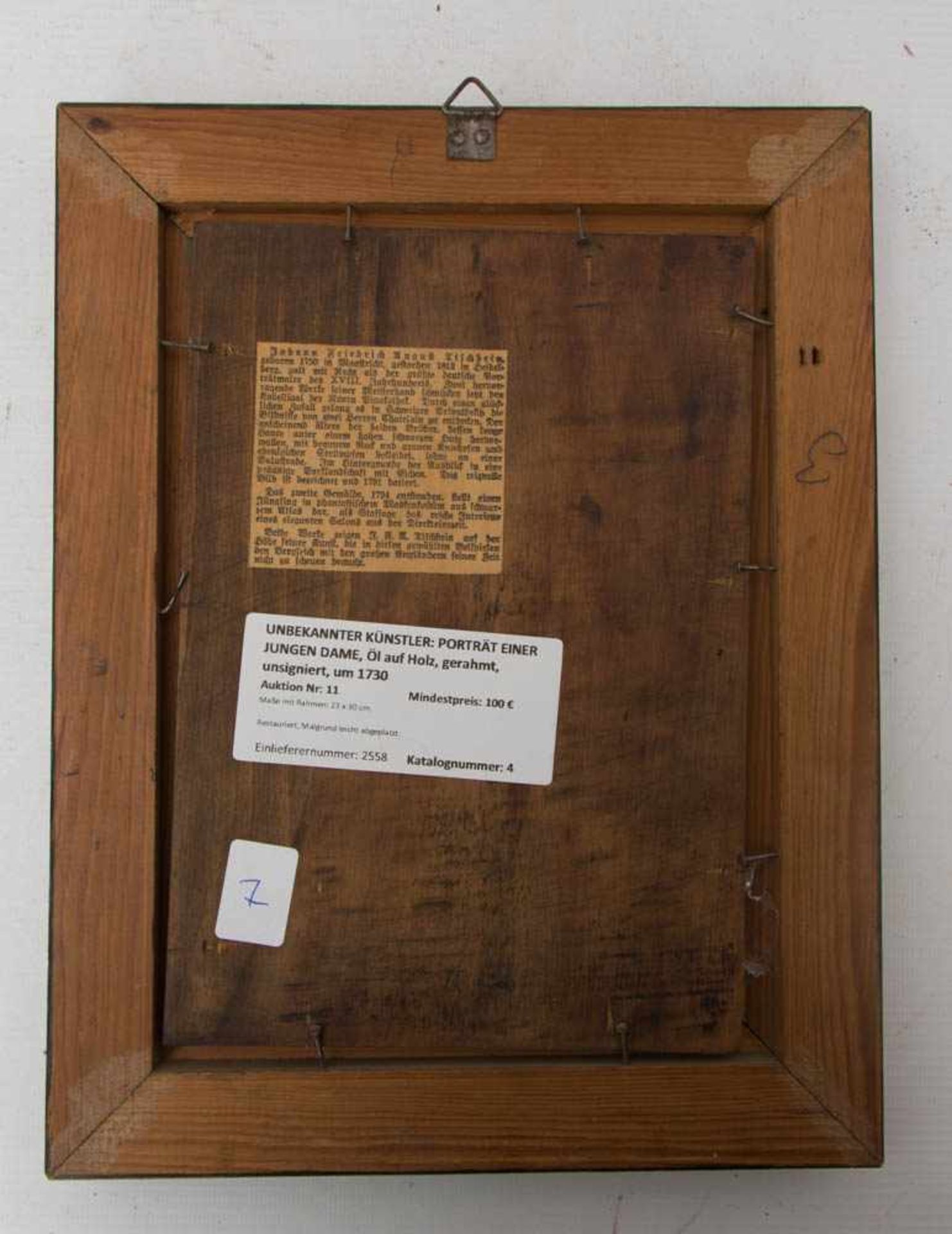 UNUNBEKANNTER KÜNSTLER: PORTRÄT EINER JUNGEN DAME, Öl auf Holz, gerahmt, unsigniert, um 1780.23 x 30 - Bild 3 aus 3