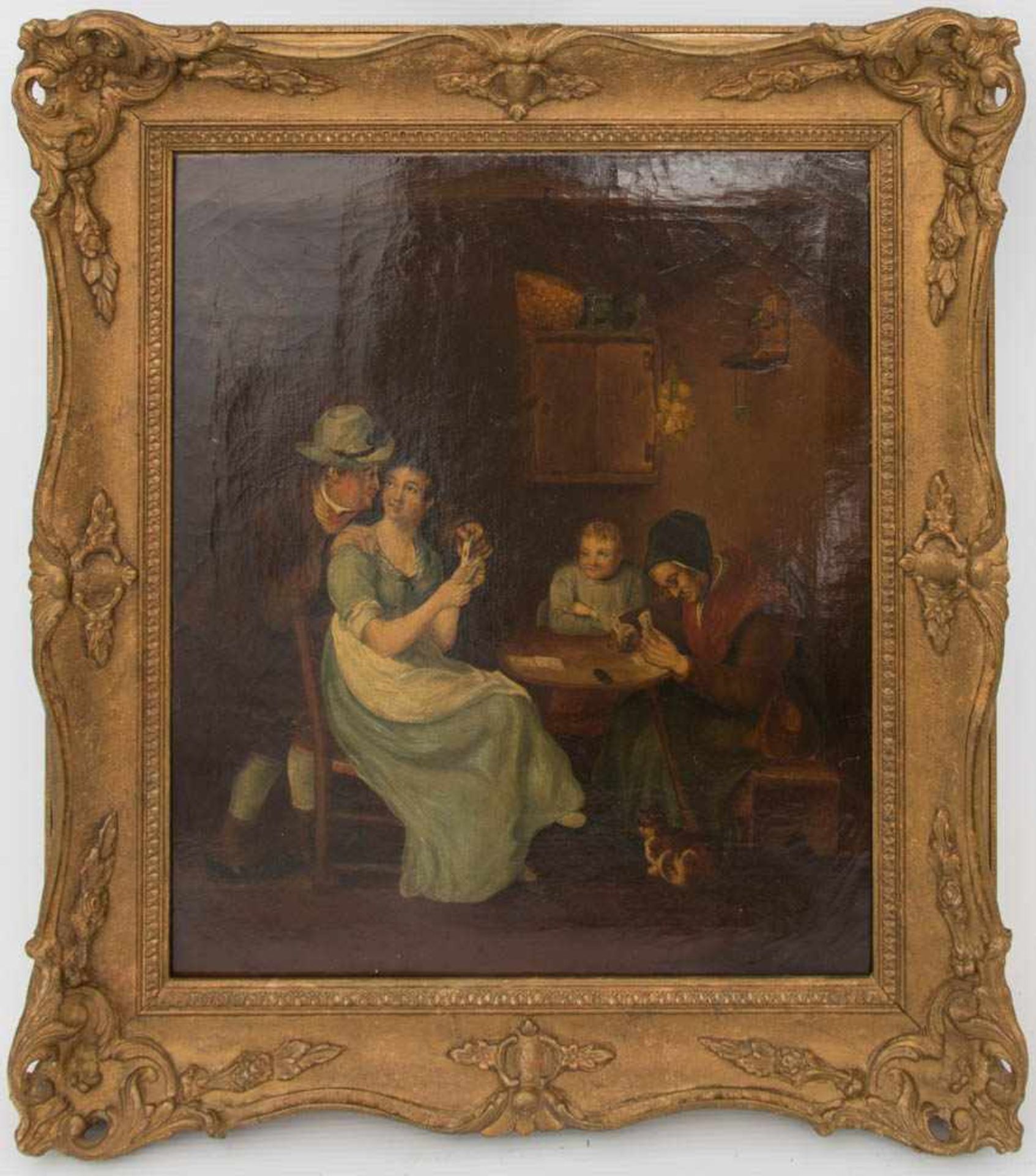 BEZ. DELAMARE, Dame mit Hund und Verehrer beim Kartenspielen, Öl/Leinwand, 1836.Gerahmt und in gutem