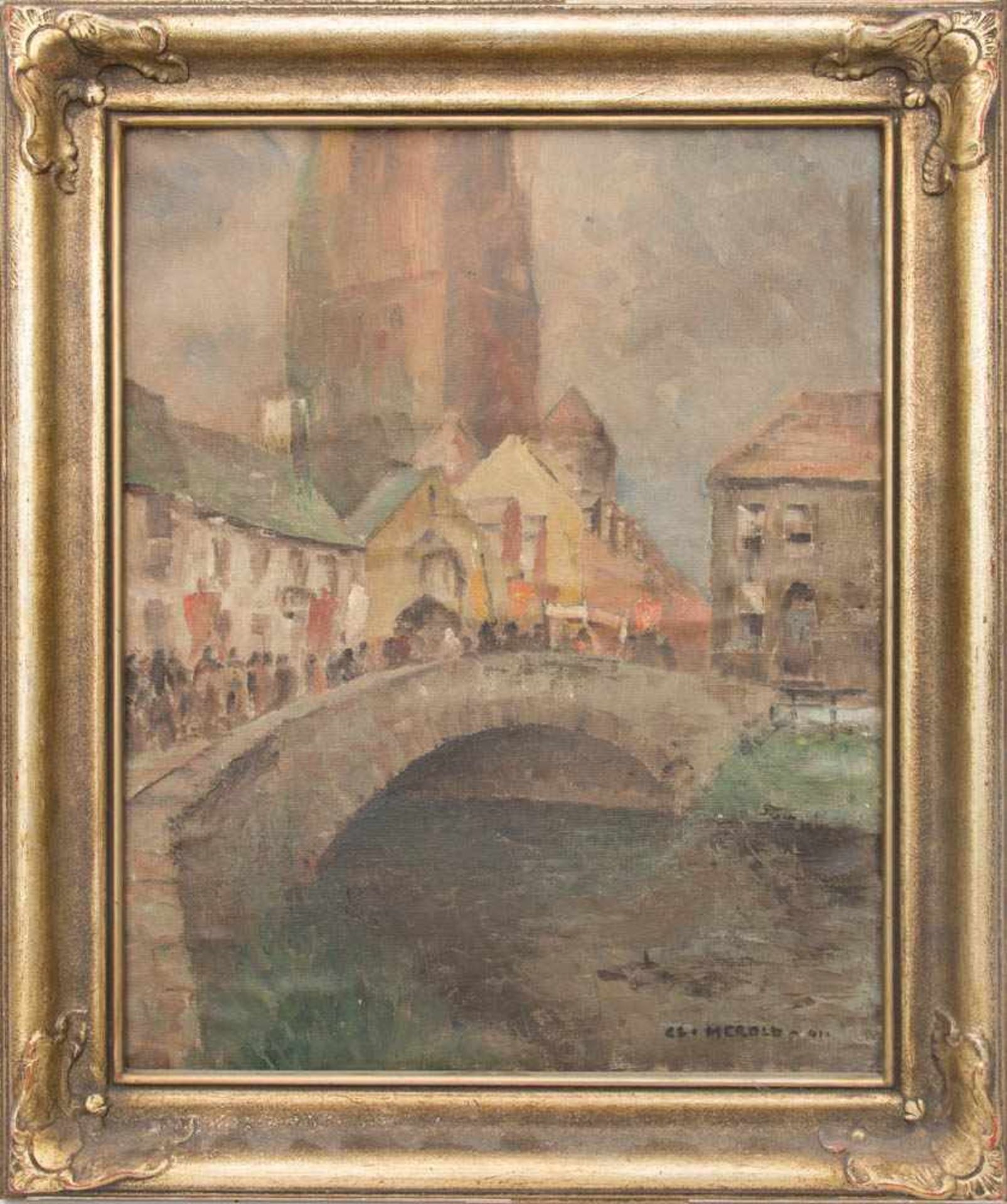 BEZ. HEROLD/HÄN, DORF /STADTANSICHT MIT WASSER, Öl/Leinwand, Acryl/Platte, 20. Jh.Dorfansicht mit - Image 2 of 7