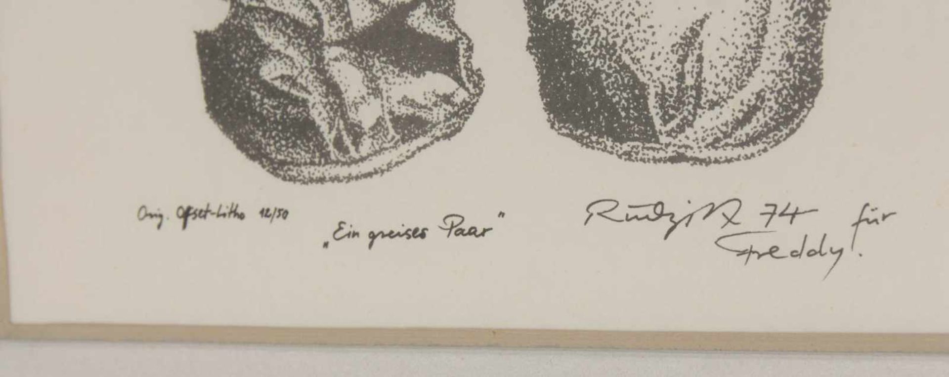 UNBEKANNTER KÜNSTLER, EIN GREISES PAAR, Lithografie, 1974.Rechts unten signiert und mit Widmung "für - Bild 3 aus 4