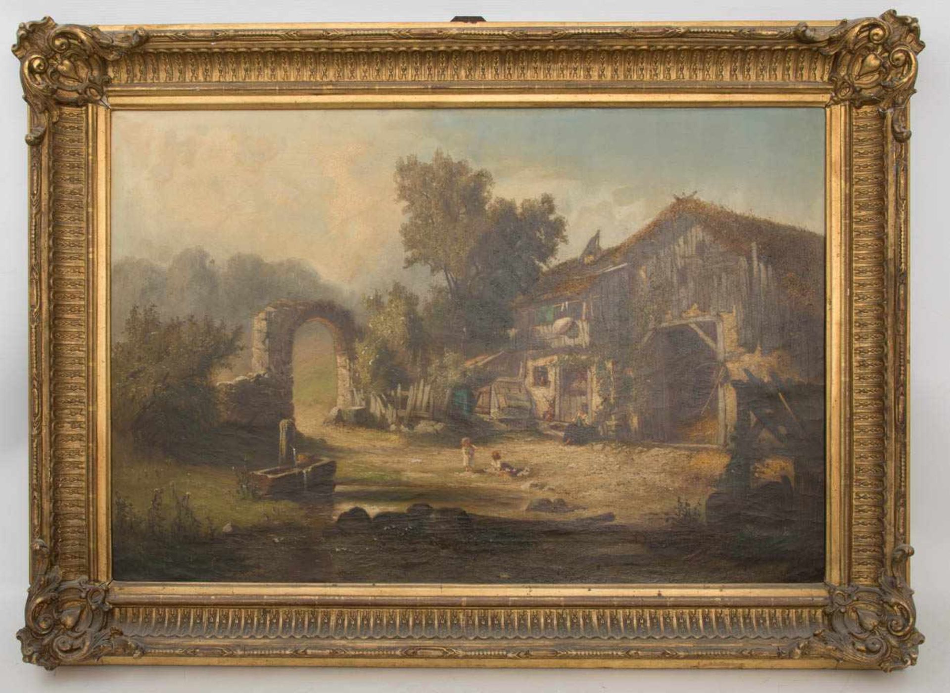 OTTO GOLDMANN, BAUERNSZENE, Öl/ Leinwand, 1871.Stärkere Firnisschicht, unten rechts signiert und