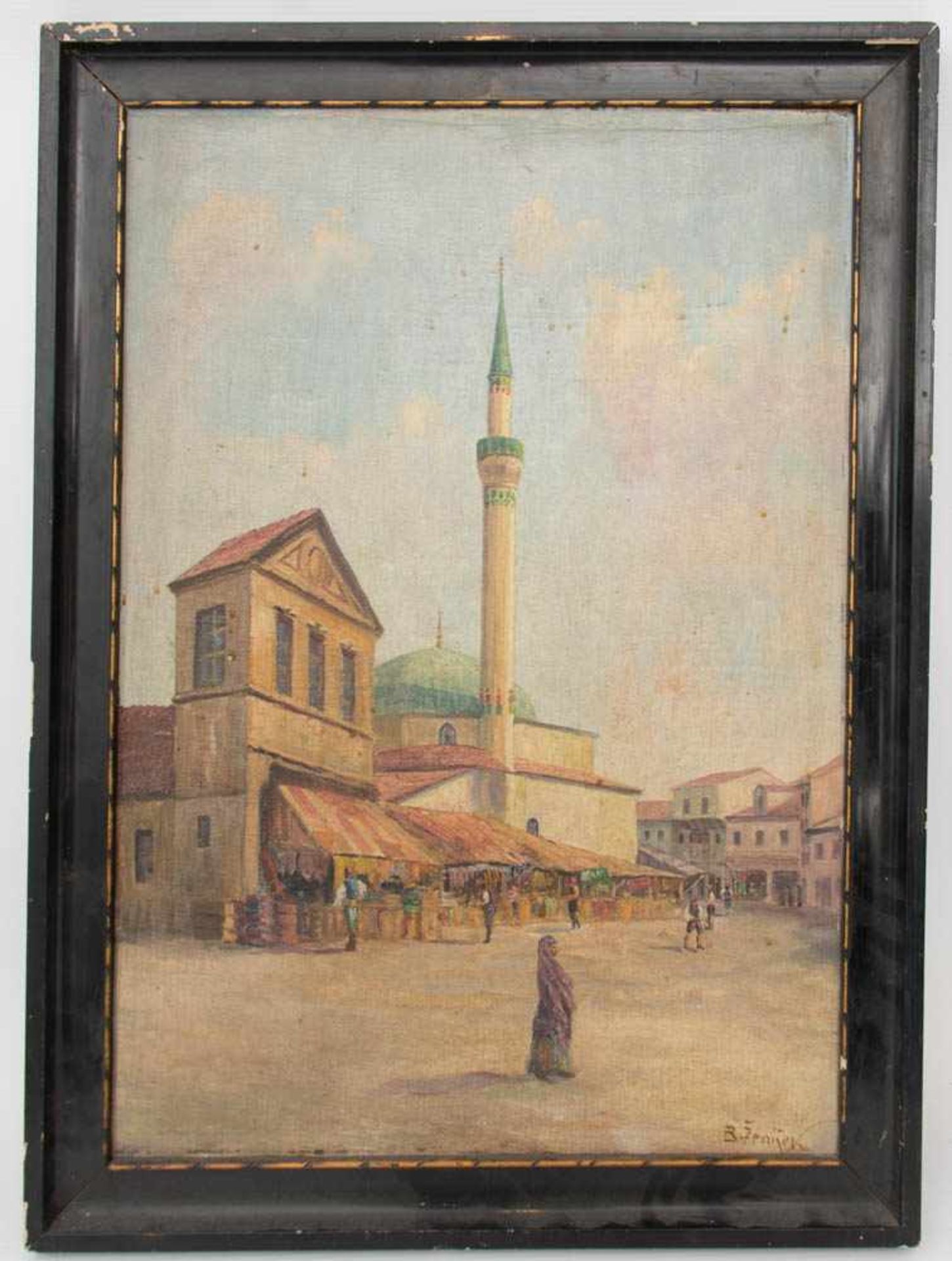 BEZ. B.ZENIGEV, Marktplatz vor Moschee, Öl/Leinwand/Platte, 20. Jh.Gerahmt und in gutem Zustand,