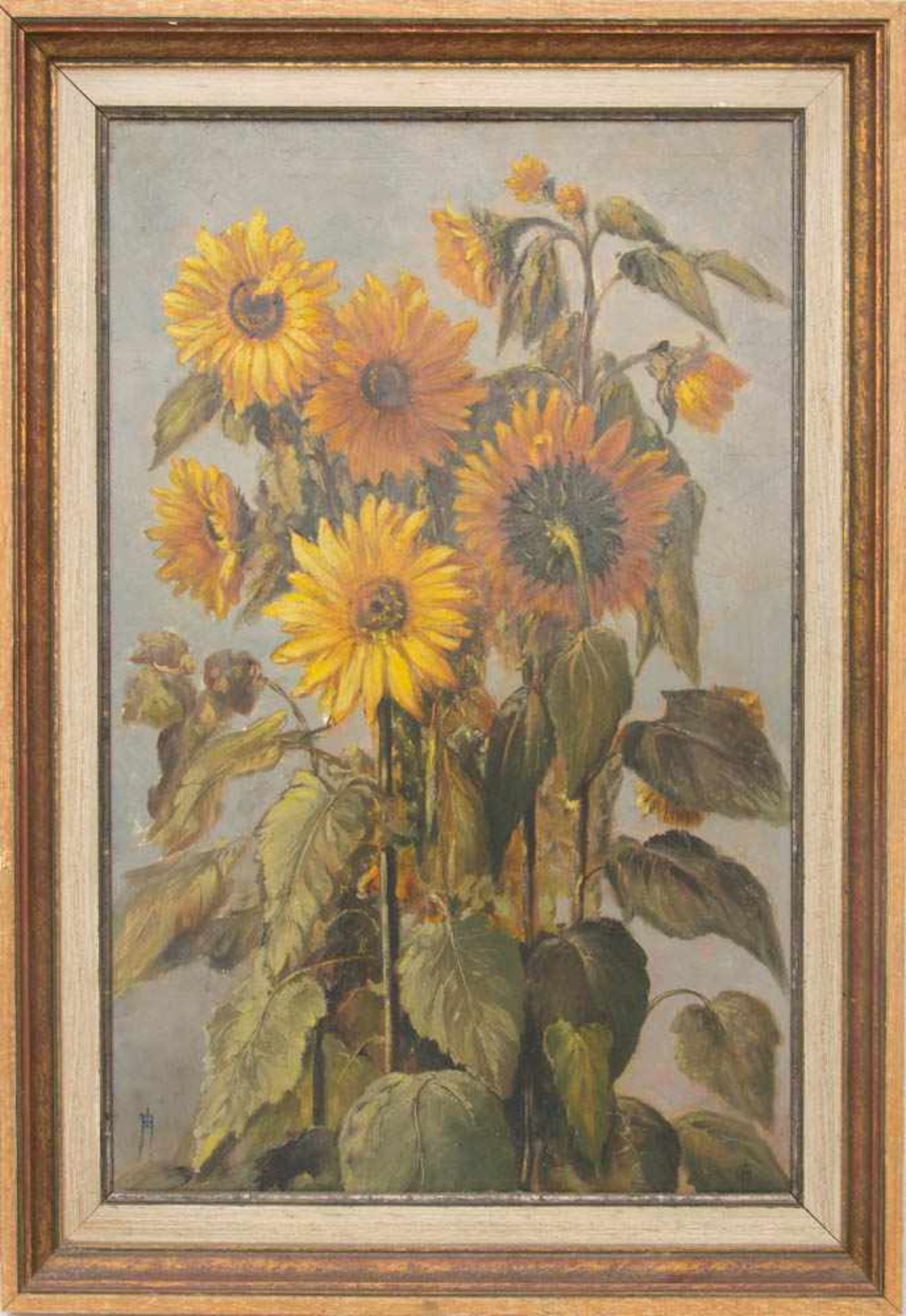 MONOGRAMMIST, Sonnenblumen, Öl/Platte, 19./20. JhDas Gemälde Sonnenblumen, Öl/Platte, 19./20. Jh.,