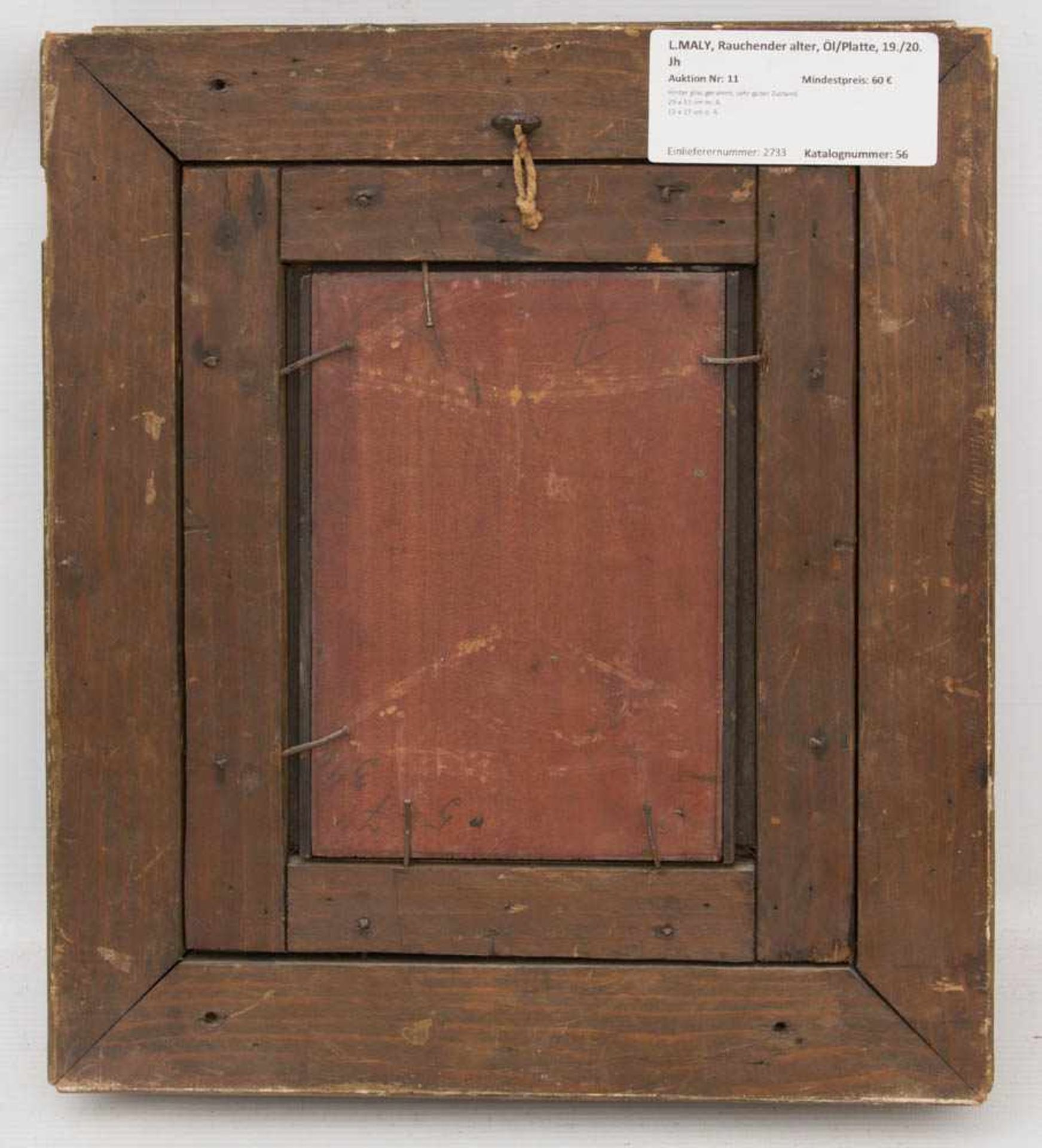 L.MALY, RAUCHENDER ALTER, Öl/Platte, 19./20. Jh.Hinter Glas gerahmt und in gutem Zustand.29 x 33 - Bild 3 aus 3