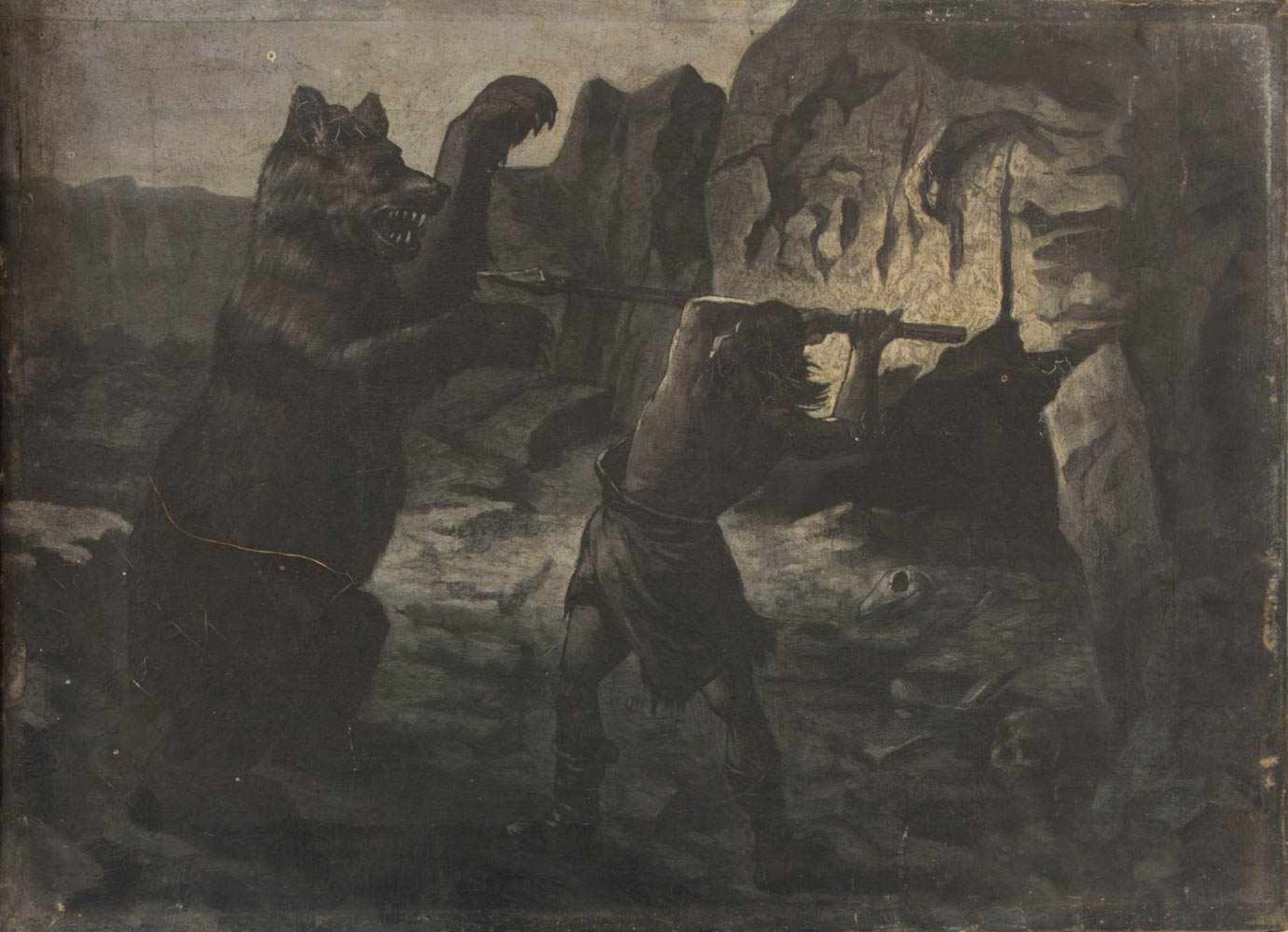 DREI GEMÄLDE "URZEITKREATUREN",Öl/Leinwand, ungerahmt, unsigniert.Grisaillemalerei. Rückseitig - Image 4 of 8