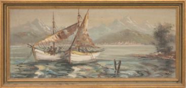 KONV. Zwei Gemälde, Acryl/Leinwand, 20. Jh.Werk mit Schiffen am Lugano See signiert mit "Rossi" ,