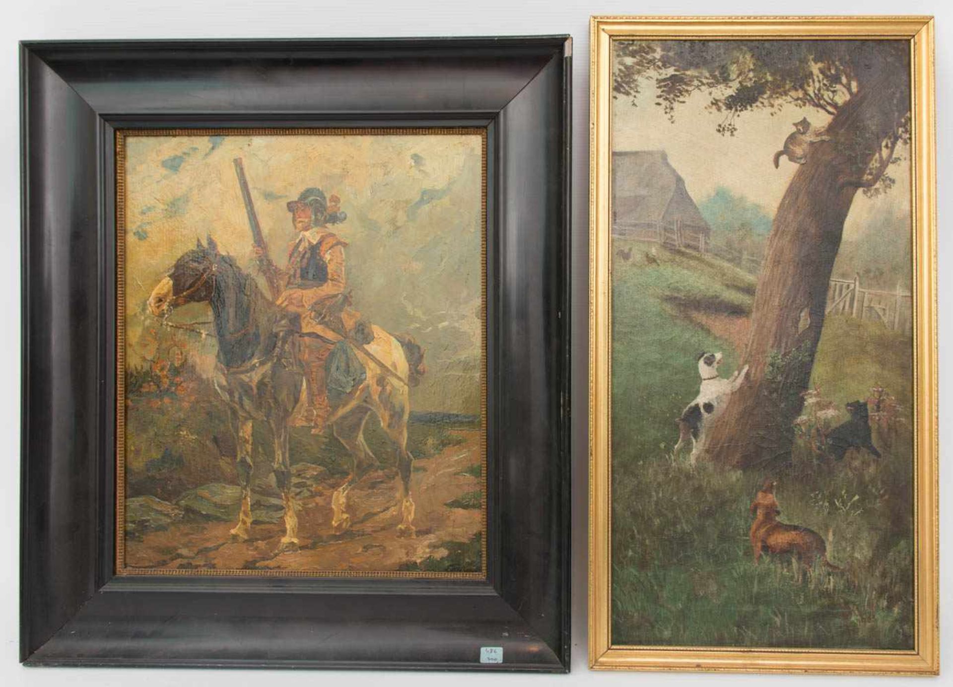 KONV. Reiter und Tierbild, Öl/Platte, Acryl/Leinwand, Deutschland 19./20. Jh.Das Reiterbildnis ist