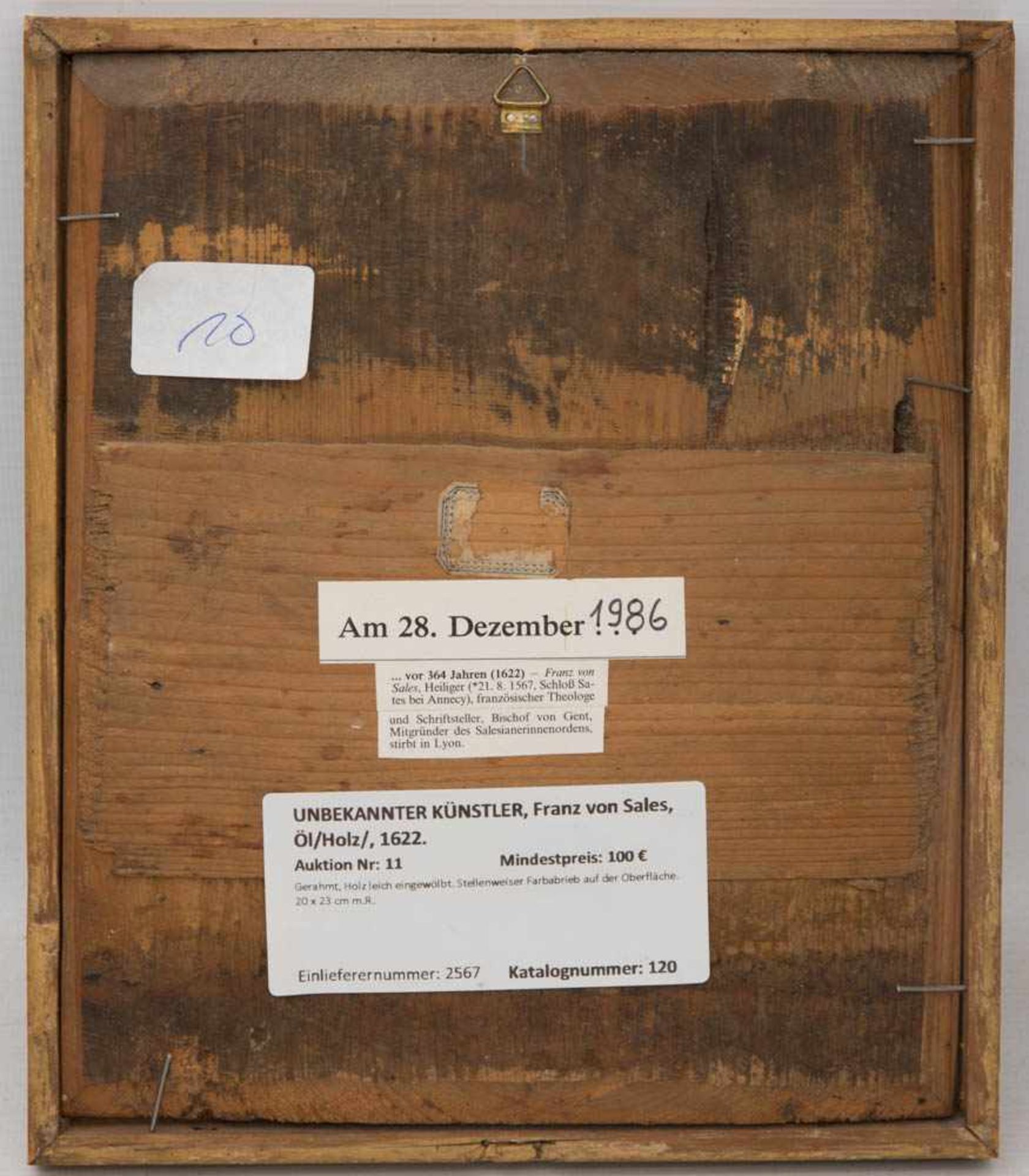 UNBEKANNTER KÜNSTLER, FRANZ VON SALES, Öl/Holz, 1622.Gerahmt, Holz leicht eingewölbt. - Bild 2 aus 3