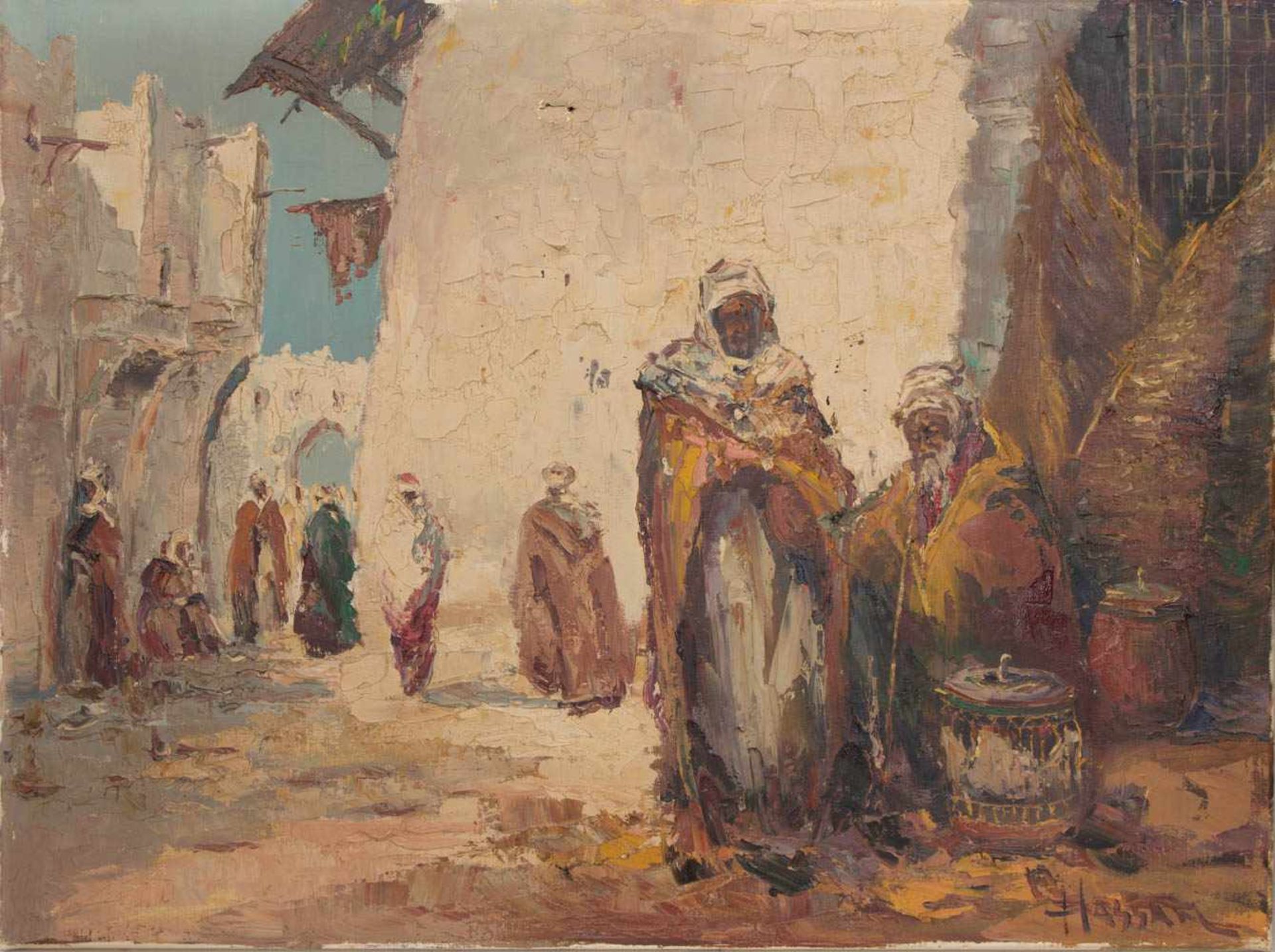 HASSAN, LEBEN IN DER OASE, Öl auf Leinwand, ungerahmt, signiert.Rechts unten signiert "Hassan".60