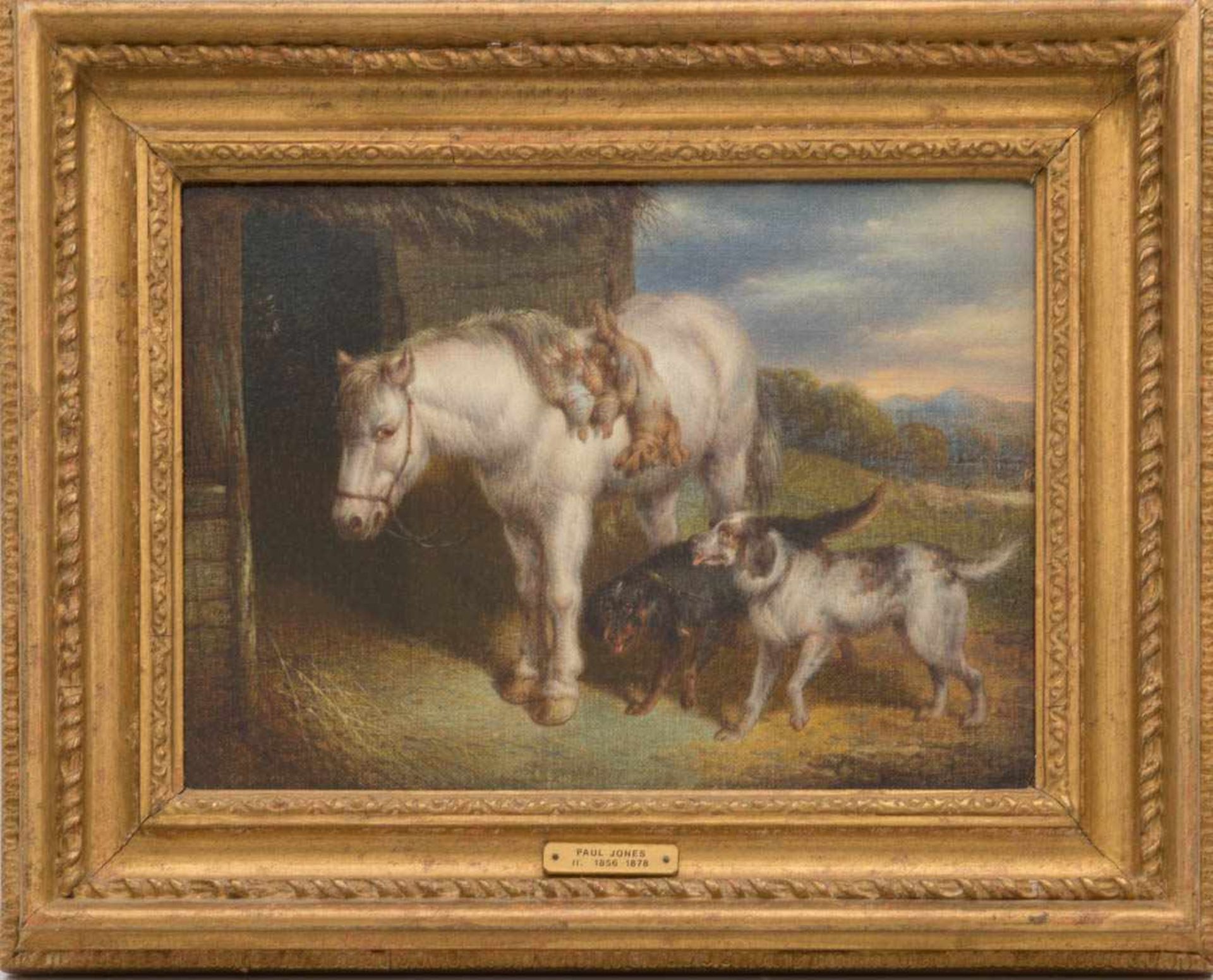 PAUL JONES, Pferd und Hunde nach der Jagd, Öl/Lw, 19. Jh.Paul Jones (1856 - 1878) Gerahmt und in