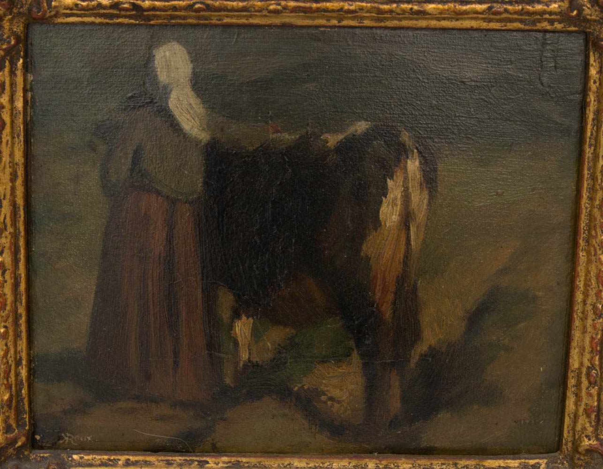 CARL ROUX, Bäuerin mit Kuh, Öl/Pappe, Deutschland, 19. Jh.Carl Roux (1826 -1894), Bäuerin mit Kuh - Bild 2 aus 5