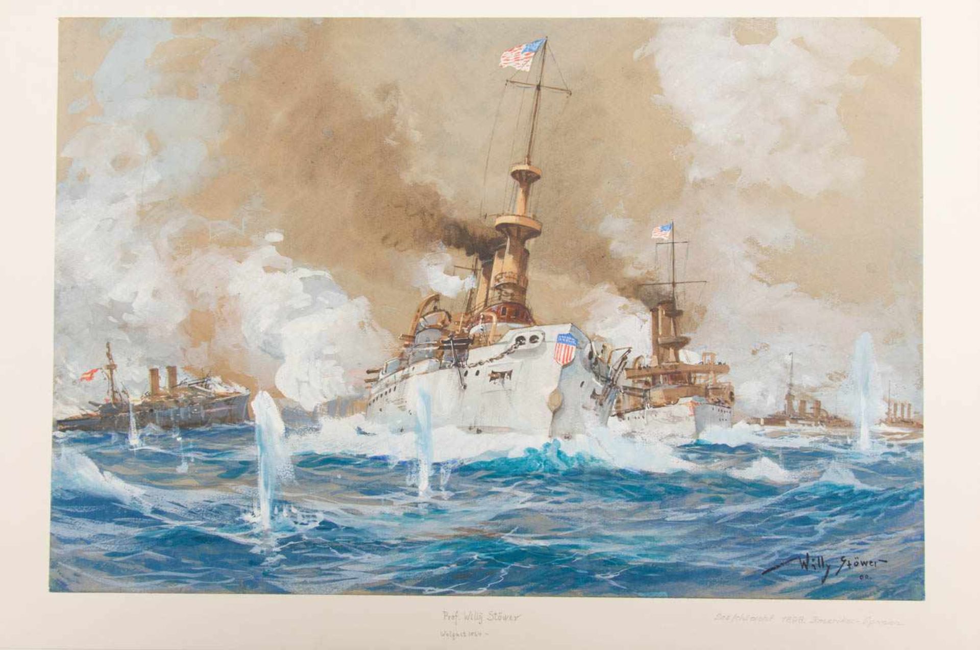 WILLY STÖWER, Seeschlacht 1898 Amerika -Spanien, Aquarell, 20. JhDas Werk ist sehr gut erhalten