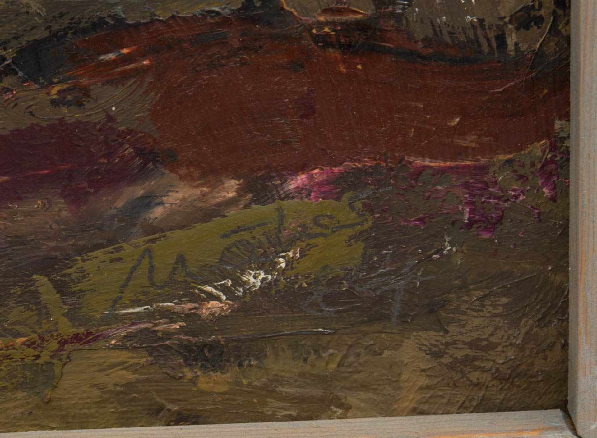 UNBEKANNTER KÜNSTLER, Abstrakte Berg- und Talansicht, Öl/ Platte, 20. Jh.70 x 91 cm o.R.90 x 110 - Bild 2 aus 3
