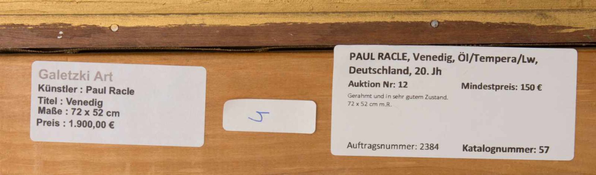 PAUL RACLE, Venedig, Öl/Tempera/Lw, Deutschland, 20. JhGerahmt und in sehr gutem Zustand. - Bild 4 aus 4