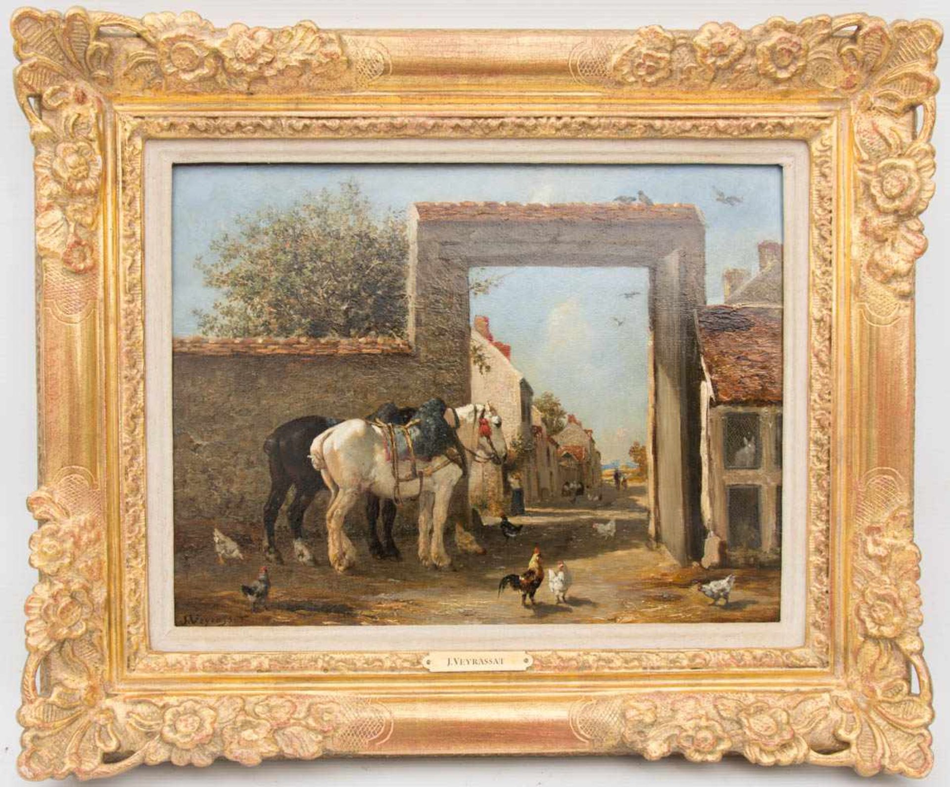 JULESJAQUES VEYRASSAT, Pferde und Hühner, Öl/Holz, Deutschland , 19. JhJULESJAQUES VEYRASSAT (1828-