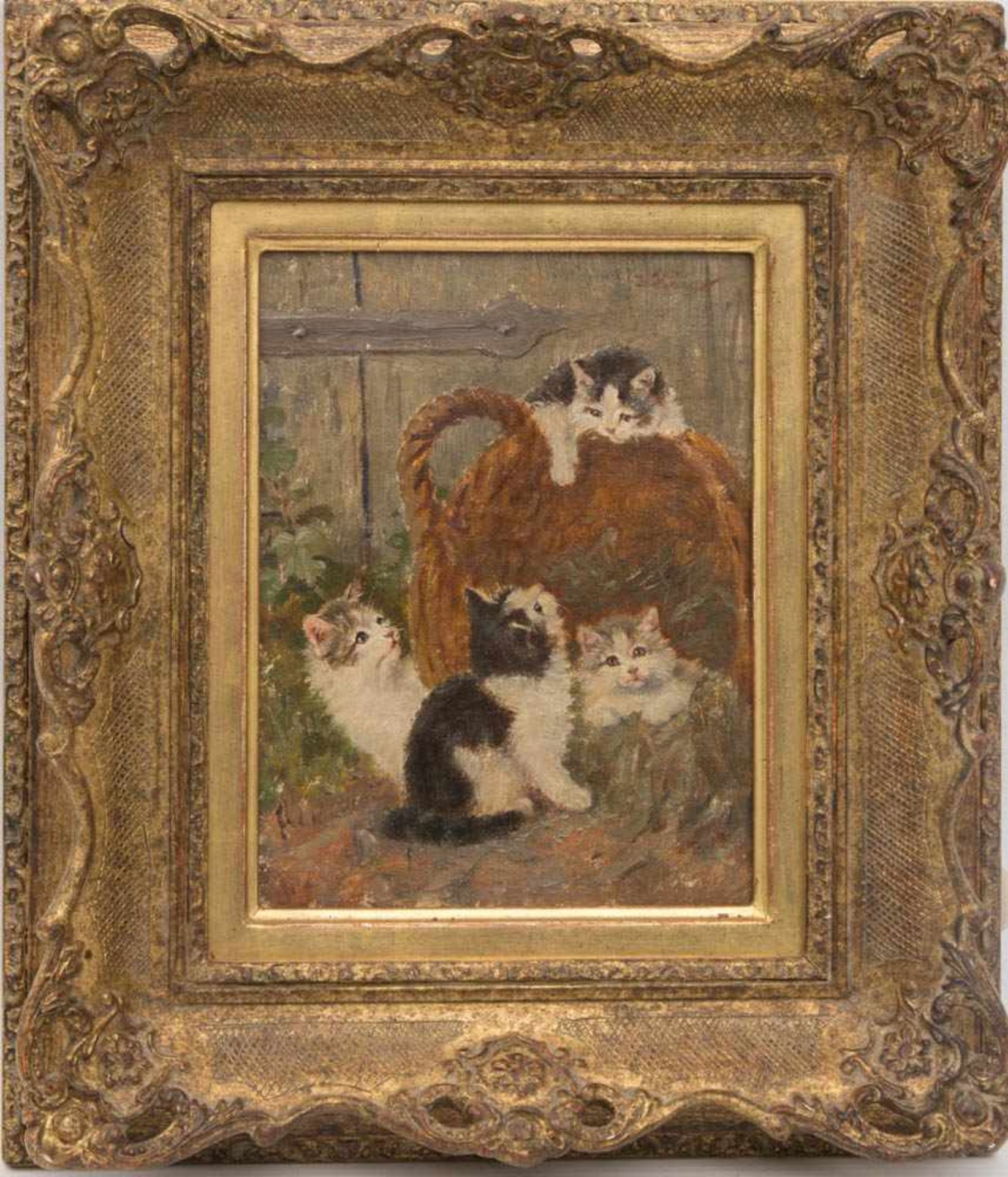 BENNO KÖGL, Vier Kätzchen versammelt um einen Weidenkorb, Öl/ Holz, 20. JhBenno KÖGL (1892-1973),