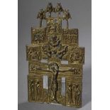 Russische Bronze Reiseikone "Christus am Kreuz", Szenen aus dem Leben Jesu, verso mit Inschrift,