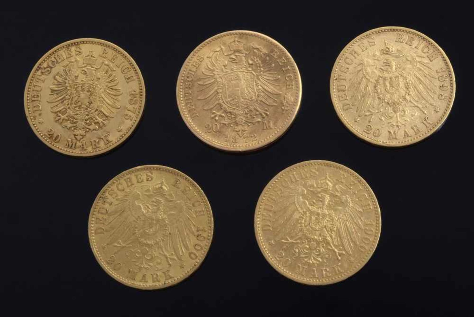 5 Diverse GG 900 Münzen: "Deutsches Reich 20 Mark", "Freie und Hansestadt Hamburg 1900", "Wilhelm II - Bild 2 aus 2