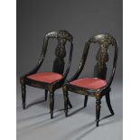 Paar englische Late Victorian Lack Stühle mit Goldmalerei und Perlmuttintarsien, H. 40/90cm, 1x
