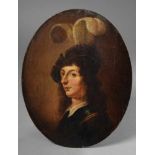 Holländischer Maler des 17.Jh. "Herr mit Federhut", Öl/Holz, Rembrandtschule, oval, verso