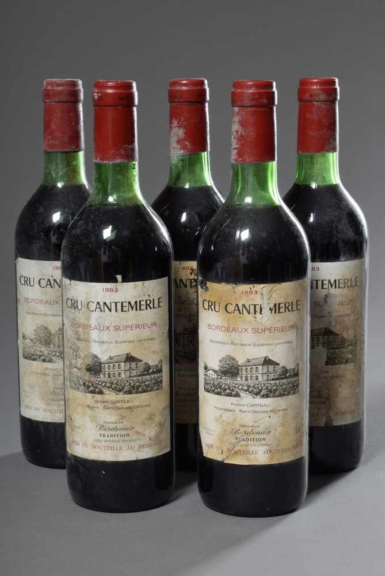 5 Flaschen Cru Cantemerle 1983, Bordeaux Superieur, Rotwein, Schlossabfüllung, 0,75 l., konstante
