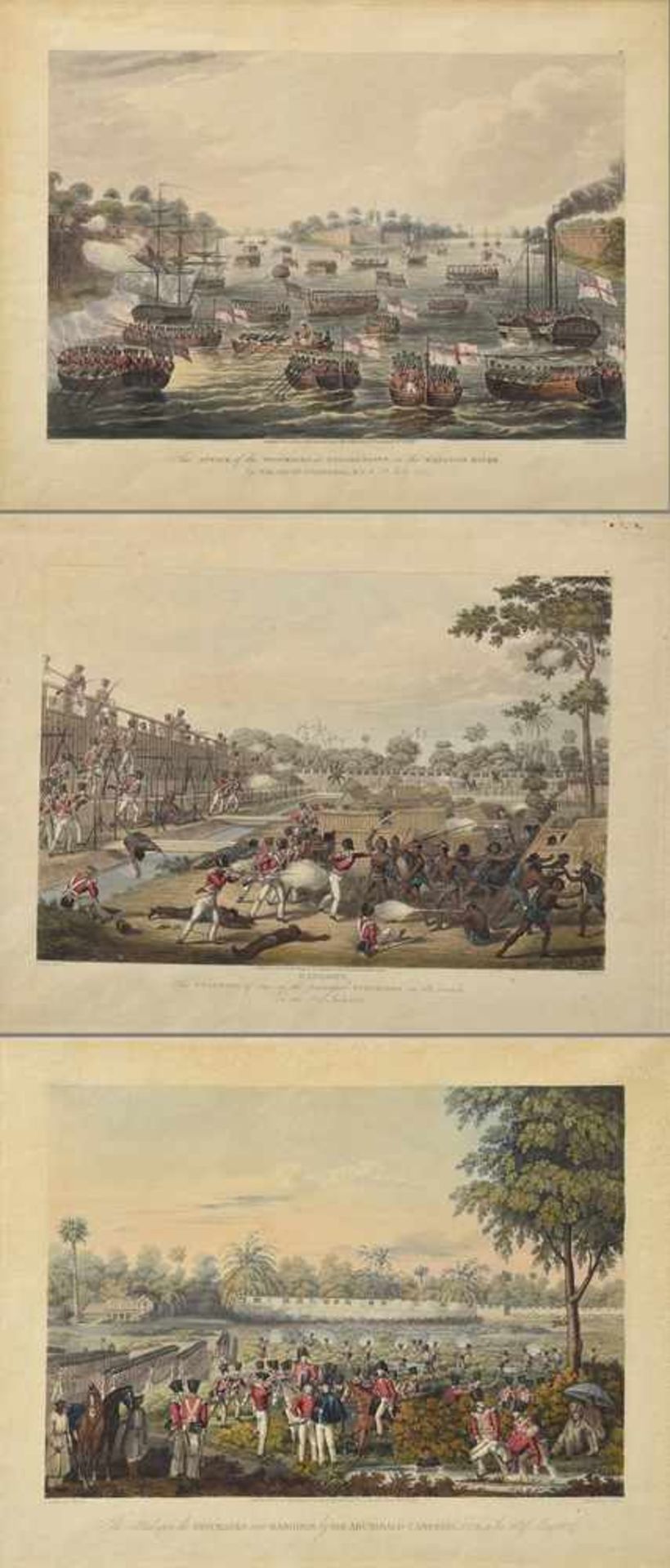 3 Diverse Moore, John "Anglo-Birmanischer Krieg 1824", colorierte Aquatinten, England 19.Jh.: "