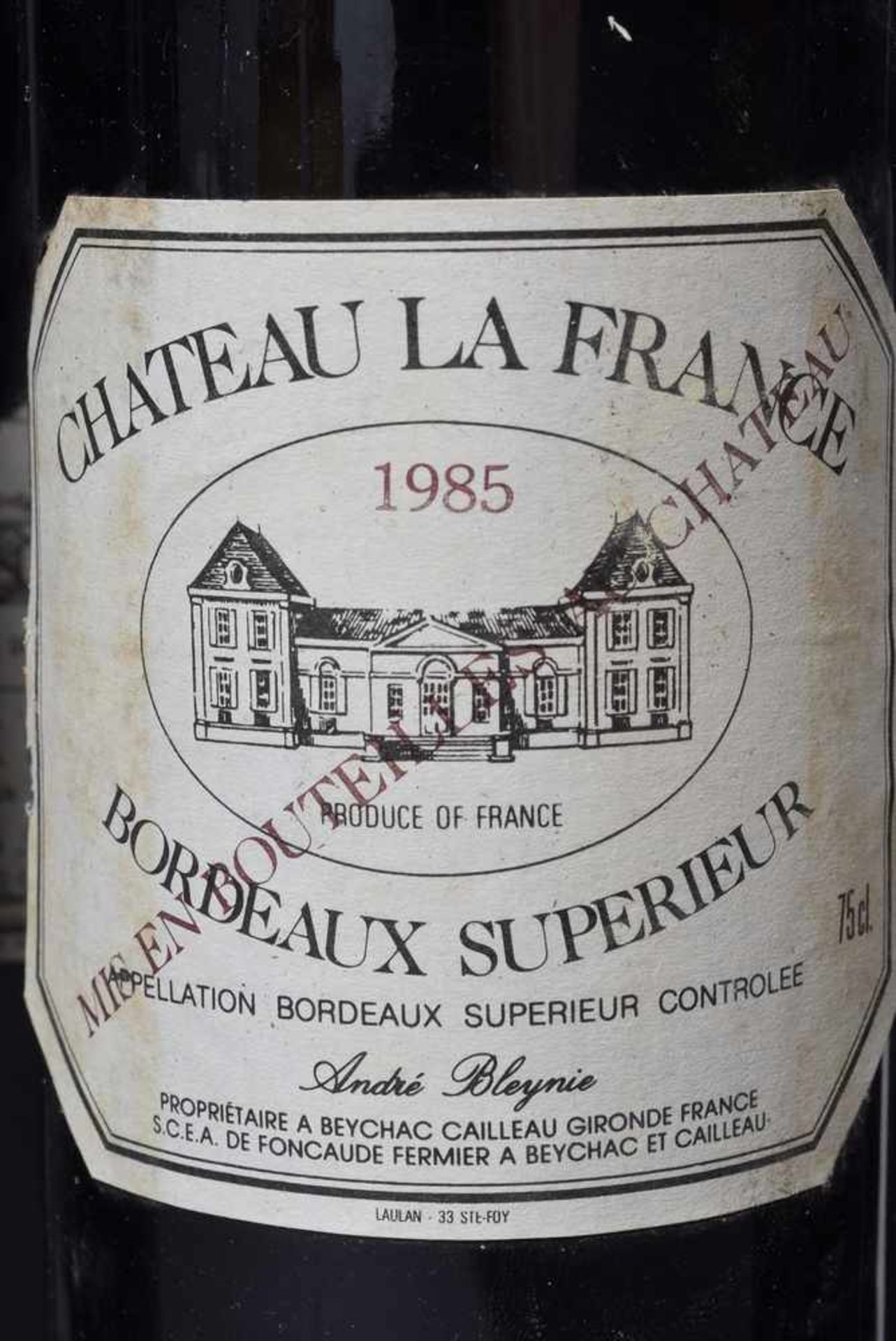 13 Flaschen Chateau La France 1985, Bordeaux Superieur, Rotwein, Schlossabfüllung, 0,75 l., - Bild 2 aus 3