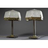 Paar Art Deco Tischlampen mit Gelbguss Fuß und Pressglas Schirm, H. 56,5cm, Ø 35cm, 1x Schirm