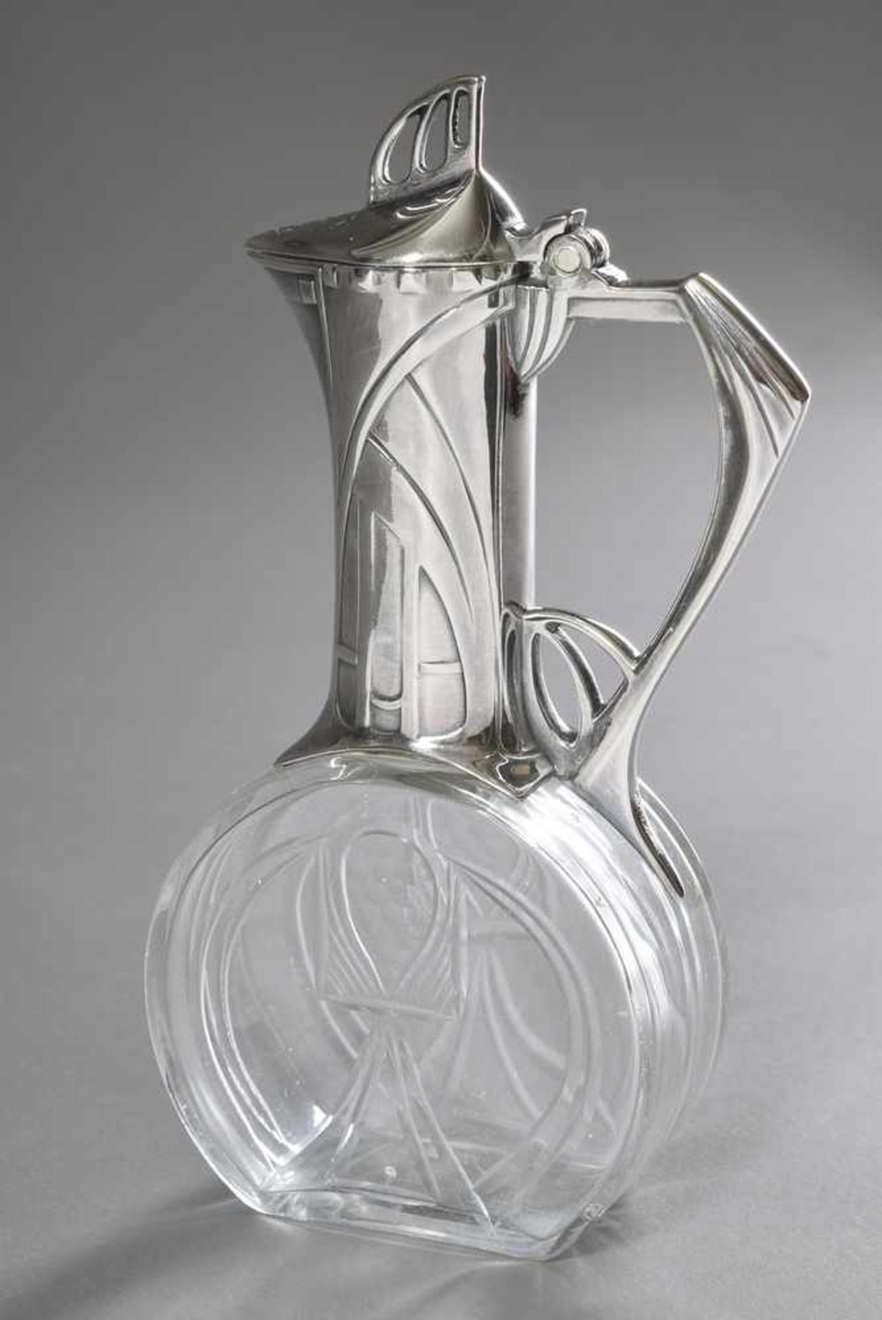 Kleine Jugendstil Karaffe mit versilberter Montierung, WMF, um 1900, H. 19cmSmall Jugendstil