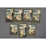 7 Diverse Indische Miniaturen "Kamasutra Positionen auf Palastterrasse", Gouache/Elfenbein, 8-8,