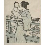 Orlik, Emil (1870-1932) "Japanerin mit Kind", Farbholzschnitt/Japanpapier, 16x13cm (m.R. 37x31cm)