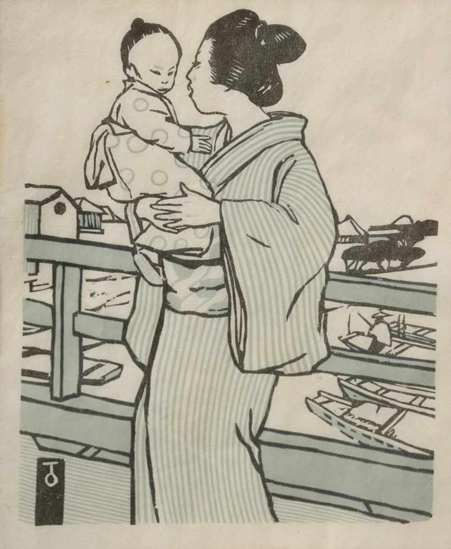 Orlik, Emil (1870-1932) "Japanerin mit Kind", Farbholzschnitt/Japanpapier, 16x13cm (m.R. 37x31cm)