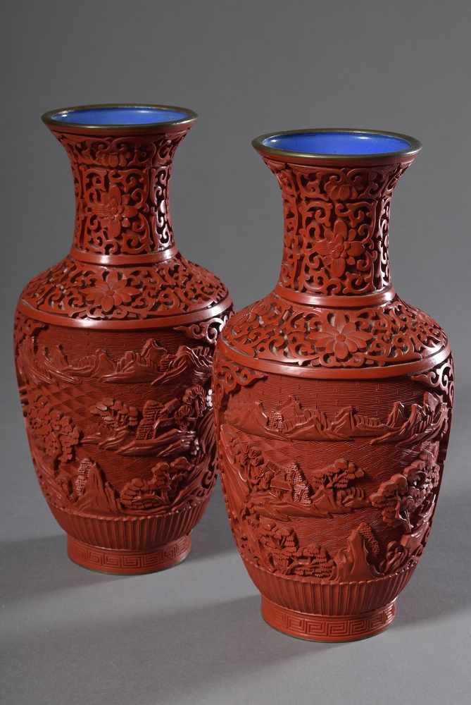 Paar moderne Schnitzlack Vasen "Landschaften", China 20.Jh., H. 26cm, 1x etwas def.Pair of modern - Image 2 of 6