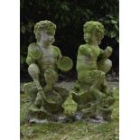 Paar Sandstein Gartenskulpturen "Faune", 18./19.Jh., H. 63/77cm, defektPair of stone garden