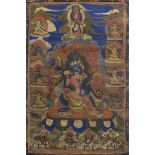 Nyingmapa Thangka "Vajrapani mit Partnerin" darunter die Beschützer der vier Himmelsrichtungen: "