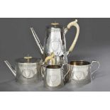 4 Teile Miniatur Kaffee-Tee-Set mit floraler Gravur, Wappenschilden und Elfenbein Griffen, MZ: