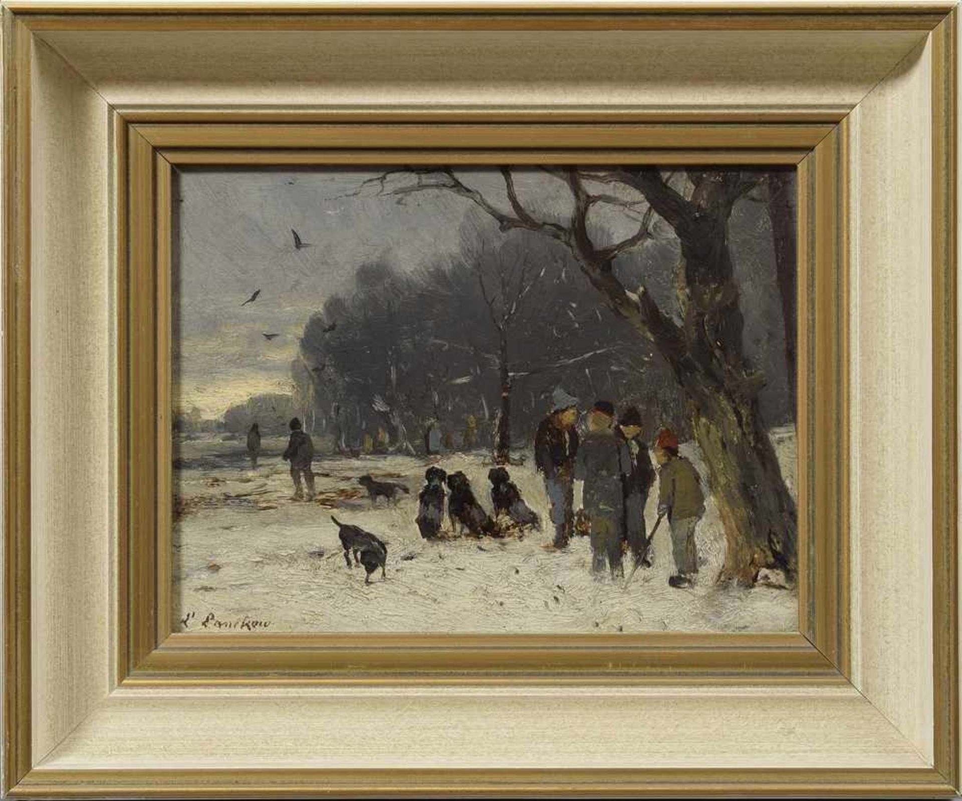 Lanckow, Ludwig (1845-1908) "Treiber mit Hunden in winterlicher Landschaft", Öl/Holz, u.l. sign., - Bild 2 aus 4