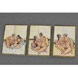 3 Diverse Indische Miniaturen "Kamasutra Positionen in hellem Interieur", Gouache/Elfenbein, 7,9x5,4