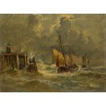 Drachmann, Holger (1846-1908) zugeschr. "Schiff an der Mole/Cuxhaven", Öl/Malkarton, verso