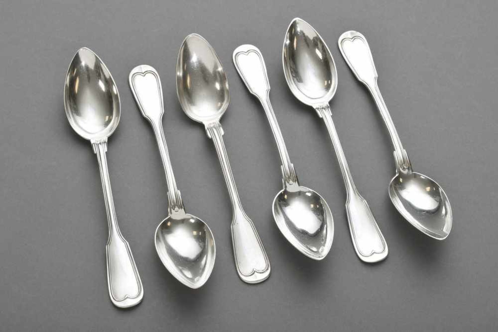 6 Teelöffel "Fadenmuster", 5x Bruckmann & Söhne, Silber 800, 160g6 Teaspoons ''Fadenmuster'', 5x