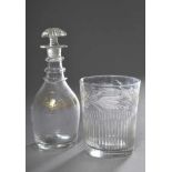 2 Diverse Teile bäuerliches Biedermeier Glas: Becher mit Blattschliff und Karaffe mit zartem