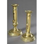 2 Diverse Messing Schiebe Leuchter, H. 18/20cm, leichte Druckstellen2 Various brass candlesticks,