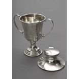 2 Diverse Teile Silber (gefüllt) Pokal und Tintenfass, H. 4/10cm, 65g, Einsatz fehlt/Druckstellen2