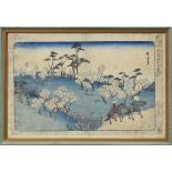 Hiroshige, Utagawa (1797-1885) "Landschaft mit Reitern", Farbholzschnitt, aus der Serie: "8