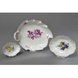 3 Diverse Meissen Schalen "Purpur Blume/Gelbe Rose" und "Obstdekor mit Goldrand", 20x19/15x11,5/10,