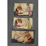 3 Diverse Indische Miniaturen "Kamasutra Positionen mit rotem Kissen", Gouache/Elfenbein, 4,6-5,