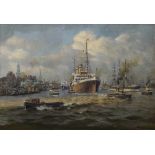 Burkhardt, Paul Gustav (1875-1955) "Auslaufender Dampfer 'Hamburg' vor den Landungsbrücken", Öl/