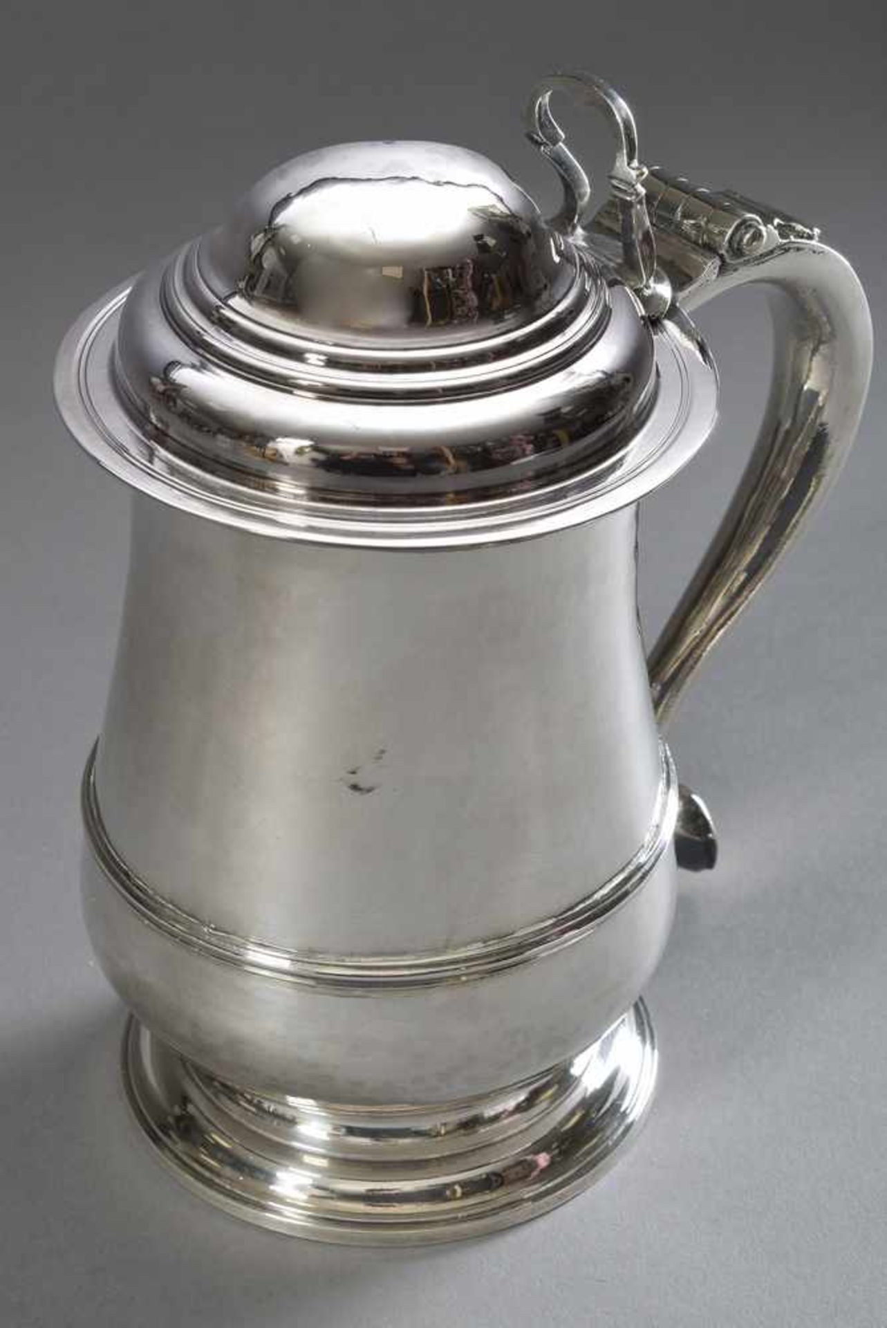 Antiker Tankard mit Deckel und Widmung unter dem Standring, Louis Black, London um 1764, Silber 925,