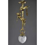 Jugendstil Bronze Deckenlampe "Junge Frau an fliegender Schärpe" mit geschliffener Glaskuppel, H.